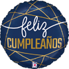 round navy blue foil balloon with Feliz Cumplea�os text white script lettering metallic gold lettering and gold geometric line accents for elegant birthday celebration decor