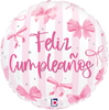 round white foil balloon with Feliz Cumplea�os text pink script lettering soft pink stripes silver polka dots and pink bow graphics for elegant birthday celebration decor