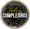 round black foil balloon with Feliz Cumplea�os text gold script lettering white birthday text and gold and white confetti accents for elegant birthday celebration decor