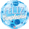 round sky blue foil balloon with Feliz Cumplea�os text blue and white lettering starburst accents and sparkling celestial details for Spanish birthday celebration decor