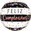 spherical foil balloon with Feliz Cumplea�os text blush pink script lettering black and white striped design and gold silver and pink confetti dots for stylish birthday celebration decor