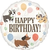 This balloon has puppies and the words Happy Birthday