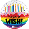 This balloon features a cake on the bottom half with candles on top and the phrase Make a Wish on the side of the cake