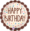 This balloon is round and looks like it has chocolate icing around the edge and has Happy Birthday in the center with sprinkles all around