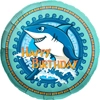 This balloon has a shark in the center with a tribal border and has the words Happy Birthday across the front