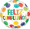 This balloon has different colored smiley faces all over is and has the Spanish birthday message Feliz Cumpleanos on the front