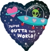 Heart shaped balloon with space theme UFO alien planets and Youre Outta This World text on dark galaxy background