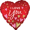 Heart shaped foil balloon with red background white I LOVE You text and scattered pink gold and red hearts