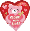 Heart shaped balloon with pink bear holding pink heart with Love you Lots text red background and colorful hearts with gold bow