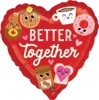 Heart shaped balloon with Better Together text and cute waffle coffee donut peanut butter and heart characters
