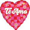 Heart shaped balloon with red and pink checkered background white Te Amo text floral designs and scattered heart decorations
