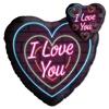This heart shaped balloon is solid black with neon hearts on it and I Love You in a neon font in the center
