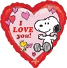 Heart shaped Snoopy balloon with red border pink hearts Woodstock character and I love you message