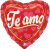 red heart shaped foil balloon with Te Amo text white script lettering gold accents and pink heart pattern for romantic celebration decor