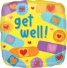 Square foil balloon with yellow background colorful band aid designs heart accents and bold blue get well text