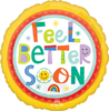 Round feel better soon foil balloon with smiling sun border colorful lettering stars dots and rainbow accent