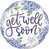 Round get well balloon with blue hydrangea flowers watercolor greenery and Get Well Soon text on white background