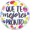 round white foil balloon with Que Te Mejores Pronto text bold blue and gold lettering and colorful watercolor dot accents for recovery and get well celebrations