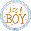 Round baby balloon with blue gingham border gold Its A Boy text and small heart accents for baby shower decoration