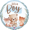 Round baby balloon with woodland animals leafy wreath border and Its a Boy text in soft blue baby shower design