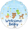 round blue foil balloon with welcome baby text hanging mobile design teddy bear dinosaur rocking horse stroller and gold stars for baby shower decor