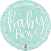 round blue foil balloon with Baby Boy text white script lettering and gold and white polka dot accents for baby shower and newborn celebration decor