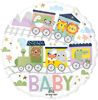round foil balloon with baby text jungle animal train design featuring lion elephant crocodile zebra and bear in pastel colors for baby shower decor