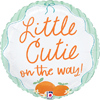 scalloped foil balloon with Little Cutie on the Way text orange citrus illustrations floral accents and mint green border for baby shower celebration decor