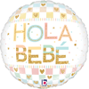round foil balloon with Hola Beb� text glitter style gold lettering pastel patchwork pattern gold heart accents and delicate confetti details for baby shower and newborn celebration decor
