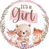 Round baby balloon with woodland animals wreath border and Its a Girl text in soft pastel baby shower design