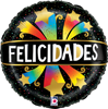 round black foil balloon with Felicidades text bold white lettering rainbow starburst graphics metallic gold stars and colorful confetti accents for Spanish celebration decor