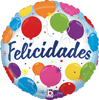 round white foil balloon with Felicidades text bold blue lettering multicolor balloon graphics and confetti accents for Spanish celebration and milestone party decor