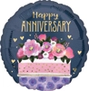 This balloon has the words Happy Anniversary over a pink and purple floral cake