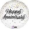 This balloon has the message happy Anniversary written in a cursive font and has gold and silver confetti