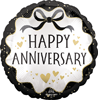 round scalloped foil balloon with happy anniversary text black border white center gold hearts and bow design for elegant celebration decor