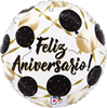 round white foil balloon with Feliz Aniversario text elegant black script lettering gold and black balloon graphics and flowing ribbon accents for Spanish anniversary celebration decor