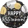 Round black Happy Retirement balloon with gold and silver circles, colorful confetti accents, and white script retirement letteringProvide your feedback on BizChat