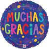 round blue foil balloon with Muchas Gracias text multicolor lettering vibrant confetti accents and playful starburst details for Spanish appreciation and celebration decor