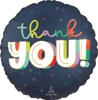 Round foil balloon with dark blue background colorful thank YOU text and scattered multicolored confetti dots