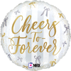 Round balloon with gold Cheers To Forever text, silver and gold bows, and white and light gray striped background
