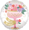 Round foil balloon with pink chalice filled with colorful flowers gold dots hearts and Best Wishes text on white background