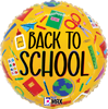 Circular Back to School sign with yellow background and colorful school supplies including pencils books scissors globe and apple