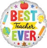 Round foil balloon with BEST Teacher EVER text, colorful school icons including apple pencils globe and light bulb on white background