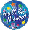 This blue balloon has bursting stars and the message You'll be Missed on it