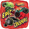 A red square balloon with Hot Wheels Monster Trucks on it