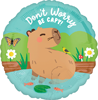 Round balloon with relaxing capybara sitting in pond, Dont Worry Be Capy text, flowers butterflies fish greenery and outdoor scene