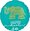 This balloon has a teal background and an elephant on it with the words happy diwali