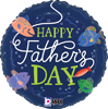 Round balloon with dark blue background white and green happy fathers day text and colorful fish illustrations in orange blue green and red