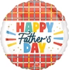 Round foil balloon with red and yellow plaid border, colorful Happy Fathers Day text, black script font, gold dot accents