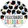 This balloon has graduation caps in the air with the words Felicidades Graduado beneath them
